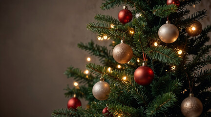 Festively decorated Christmas tree with red and gold ornaments and warm lights, cozy holiday spirit, copy space