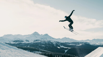 Dynamic skier performing an aerial trick against snowy mountain landscape, showing winter sports concept
