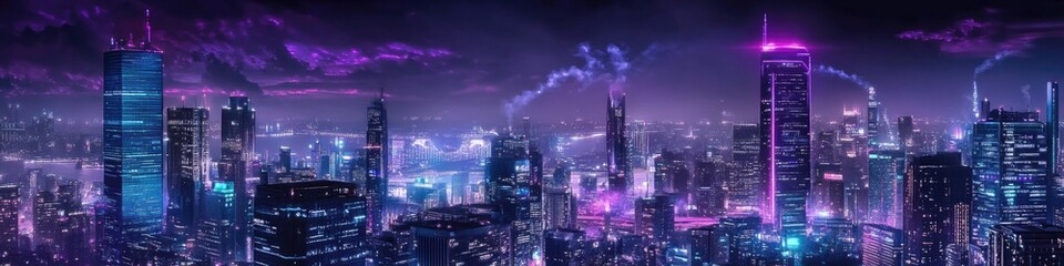 Fototapeta premium Futuristic Neon Cityscape. Purple and Cyan Lights in Modern Metropolis