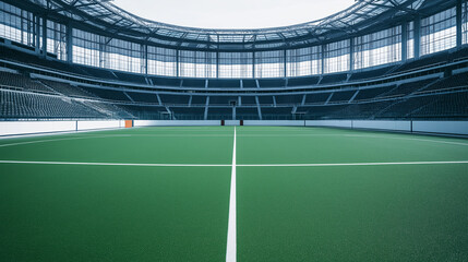 Obraz premium Outdoor tennis stadium, empty court in modern sports arena, with green surface, wide view, sunlight overhead, tennis architecture concept