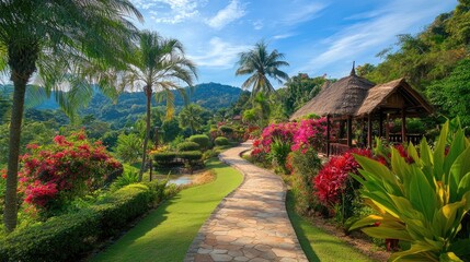Fototapeta premium Serene Garden Pathway in Lush Tropical Landscape
