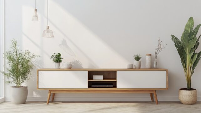 Modern Living Room Decor with TV Cabinet on White Wall. 3D Rendering
