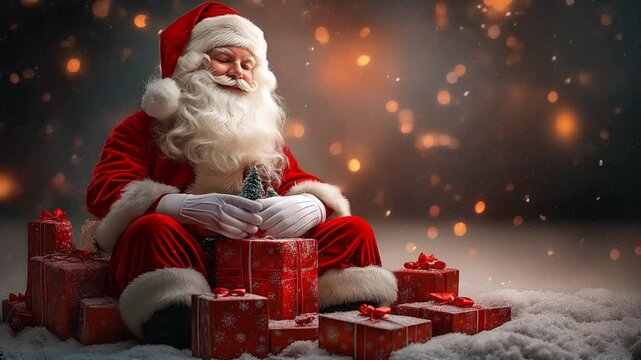 santa claus sitting on a heap of christmas gifts, festive holiday cheer, holding wrapped gifts and smiling, hd high quality.