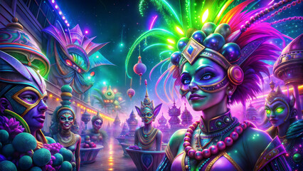 Colorful Mardi Gras parade with illuminated masks and costumes