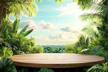 Fototapeta premium Tropical Jungle Wood Podium for Nature-inspired Product Presentations with Blue Sky Background