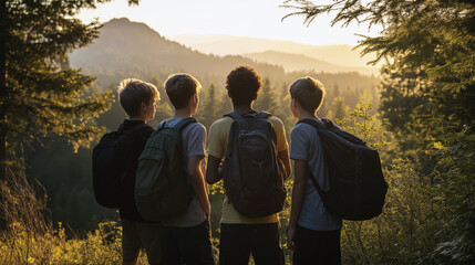 Hikers Enjoy Scenic Mountain View in Morning Light, Group of Friends Embracing Nature Adventure, Outdoor Exploration Concept
