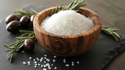 Fototapeta premium Coarse Celtic sea salt in a wooden bowl, isolated on a slate surface with decorative olives and rosemary sprigs