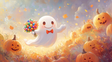 キャンディを持ったおばけのかわいいハロウィンイラスト © bephoto