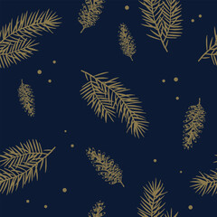 Gold pine branches and cones pattern on dark blue background. Seamless design for Christmas wallpaper, textile, and wrapping paper. 
