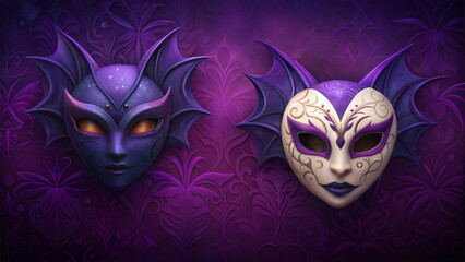 Two bat-themed masks in purple and gold on ornate background