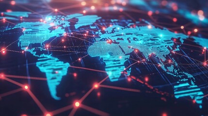 Obraz premium A Digital World Map with Illuminated Red Lines and Nodes