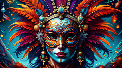  Ornate Mardi Gras mask with vibrant feathers and intricate details.