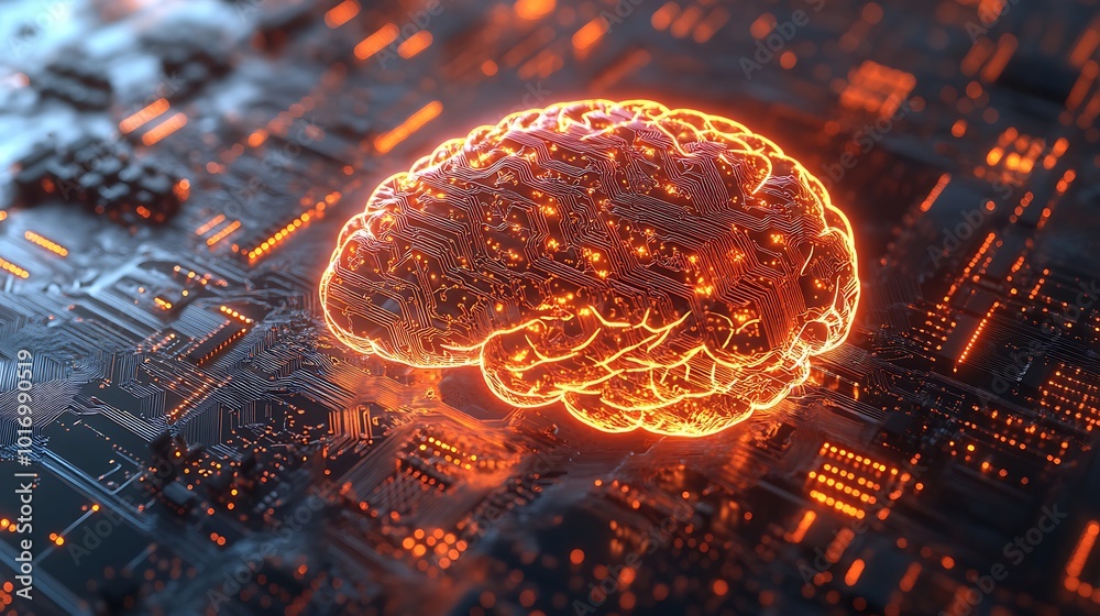 Aufkleber A glowing brain shape is displayed on a circuit board, representing artificial intelligence and the future of technology.