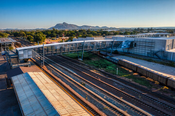 view from the train rail tracks , over the bridge, leading to CBD central business District Gaborone, Botswana, train moving