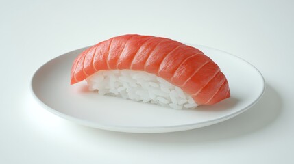 Freshly prepared sushi with vibrant salmon atop a bed of seasoned rice served on a simple white plate