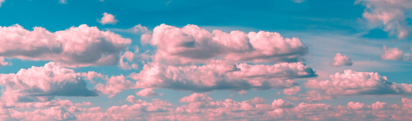 banner Beautiful cumulus pink clouds on blue sky, at sunset or sunrise, natural sky background