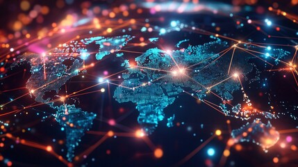 Obraz premium Digital World Map with Interconnected Nodes and Glowing Lights