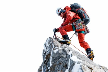 A mountaineer in climbing gear, ready to scale a peak, cut out against a white background.