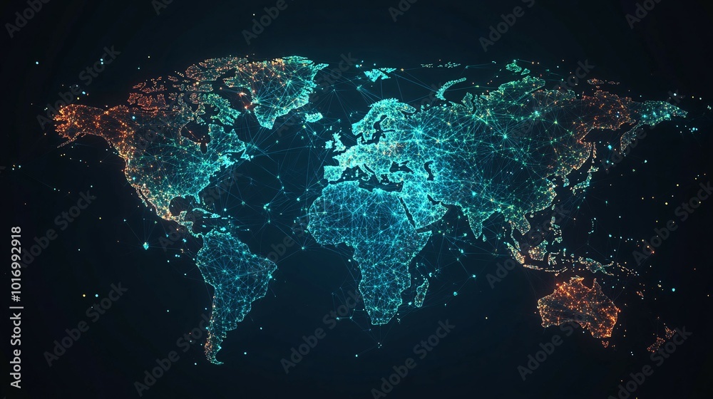 Wall mural a glowing world map with interconnected lines and dots