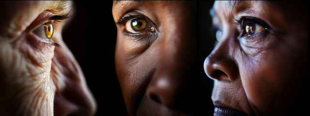 montage of elderly people faces with worried face expression isolated on black background