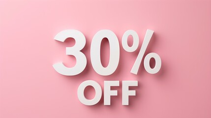 White '30% OFF' Promotional Sign on a Light Pink Background with Copy Space
