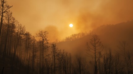 Fototapeta premium Orange Sunset over Smoky Forest Landscape