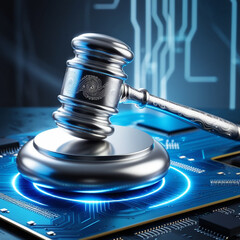 Obraz premium A digital gavel resting on a glowing circuit board, symbolizing technology and justice.