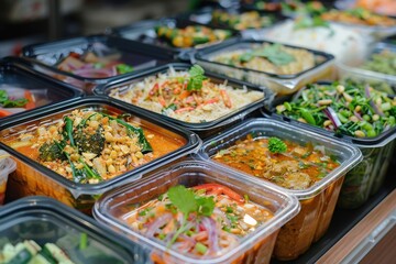 Obraz premium A variety of Asian food is served in plastic containers on a table, generative ai image