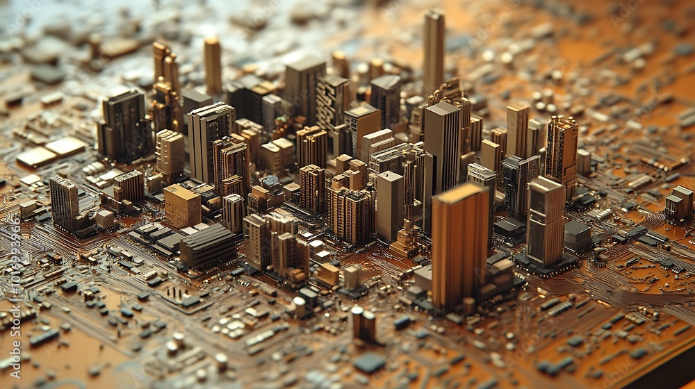 Poster a miniature city built on a circuit board, representing the interconnectedness of modern urban life 