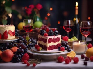 Fototapeta premium Red wine and sweet cake by candlelight.