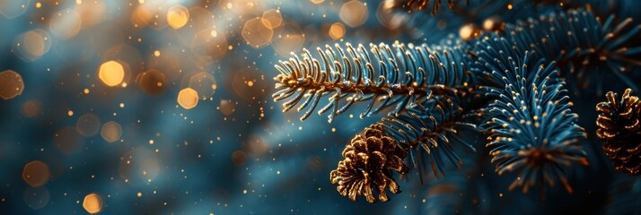A beautifully captured close-up of a pine tree branch covered in frost with bokeh light effects in the background evoking a winter holiday atmosphere