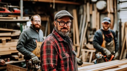 Obraz premium In a lively woodshop filled with tools and lumber, skilled craftsmen work collaboratively, showcasing their woodworking techniques and craftsmanship on a sunny afternoon