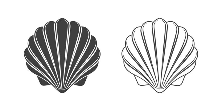 Scallop seashell logo. Isolated silhouette and contour drawing of a scallop on a white background. 