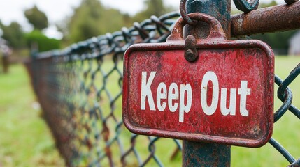 A close-up view of a rusty metal fence adorned with a red Keep Out sign, symbolizing restricted access or private property with a blurred green background