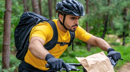 Naklejka premium A young man wearing a yellow shirt and helmet cycles intently, navigating through a green forest while carrying a brown paper bag for delivery