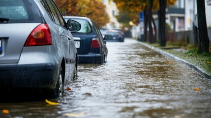 Persistent rain has led to significant flooding on the streets, affecting parked cars and creating hazardous conditions in the neighborhood during autumn