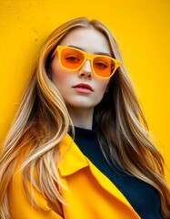 Stylish Woman in Yellow Sunglasses Posing Against Bold Yellow Background for Fashion Shoot IA Generative