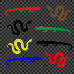 A collection of colorful African wild animals crocodile, python, snake on a transparent background. Zoo animals in bright colors. Isolated on a transparent background. Vector illustration