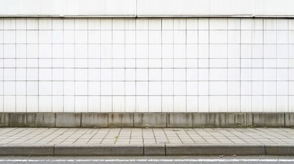 A white tiled wall stands next to a neatly paved sidewalk, illuminated by sunlight. The environment is serene, showcasing the patterns of shadows and the clean surface