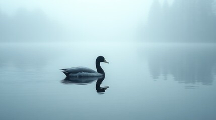 Fototapeta premium A lone duck swims effortlessly on a calm lake shrouded in mist during early morning. The quiet surroundings create a peaceful atmosphere, enhancing the beauty of the scene