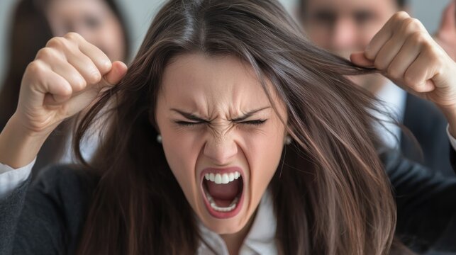 A young woman screams in frustration while pulling her hair in an office setting. Several colleagues are blurred in the background, highlighting her emotional distress during a team discussion