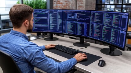 In a contemporary office filled with natural light, a man is intently working at a desk equipped with two curved monitors displaying various coding languages, analytics, and graphs