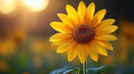 Fototapeta premium A stunning sunflower stands tall in a lush field, basking in the warm glow of the setting sun, highlighting its vivid yellow petals and intricate center, surrounded by soft green foliage