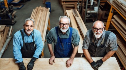 Three experienced woodworkers gather at a wooden workbench in a bustling workshop, demonstrating their craftsmanship skills and dedication to the art of woodworking