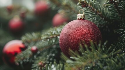 Obraz premium A vibrant close-up photograph of a decorated Christmas tree branch, featuring red ornaments and pine needles, capturing the festive holiday spirit in intricate detail