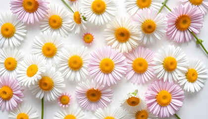 Fototapeta premium Daisy and dandelion pattern. Flat lay spring and summer flowers on a white background. Repeat concept. Top view isolated with white highlights, png
