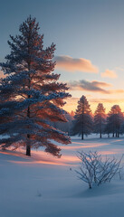 Naklejka premium Frosty Morning with Snowy Trees at Sunrise. Winter Landscape at Dawn with Frosty Trees. Snowy Forest at Sunrise in Winter.