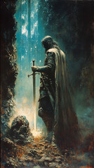 Obraz premium 1970’s dark fantasy book cover paper art dungeons and dragons style drawing of a god white warrior pulling a sword out of a stone