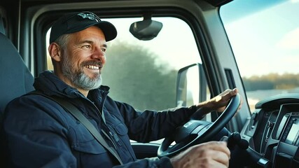 joyful professional truck driver behind the wheel, making eye contact with the camera, showcasing his satisfaction and expertise in driving
