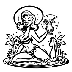 pin-up girl enjoying the sun at the beach in a cartoon style black vector